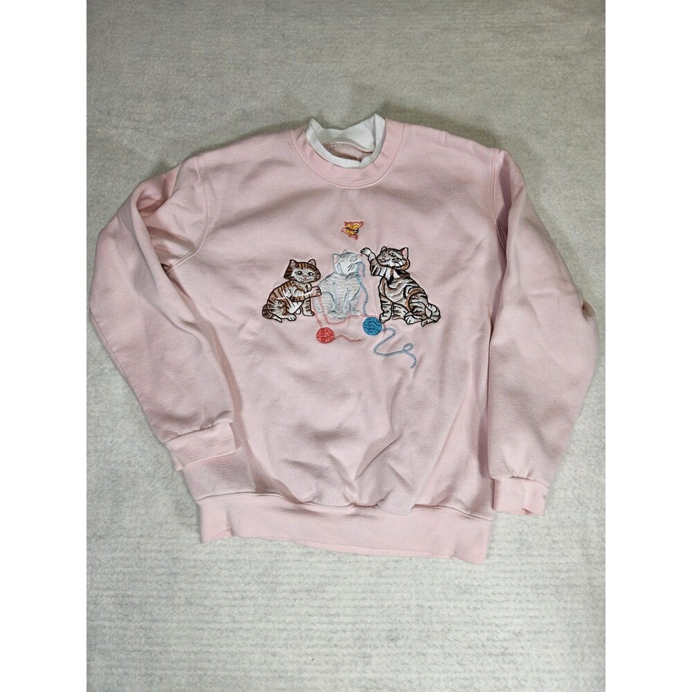 Vintage Pink Cat Embroidered Women's Sweatshirt Kittens Medium Grandma Cottage